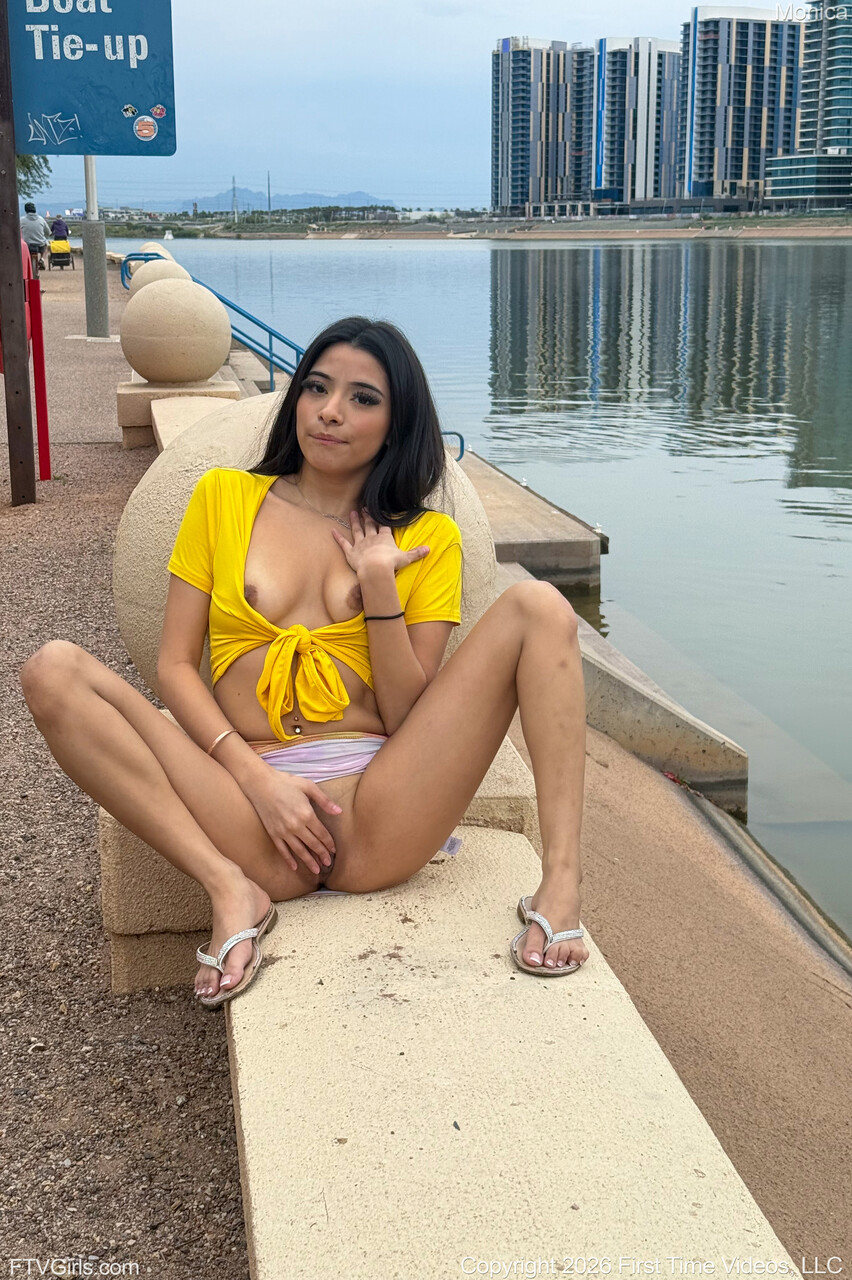 Latina girl Monica shows off her tits and shaved pussy too outdoors