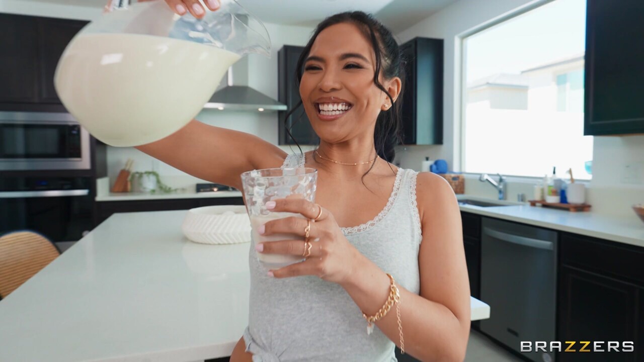 Asian chick Jada Kai gets doused in milk before sex with her man friend