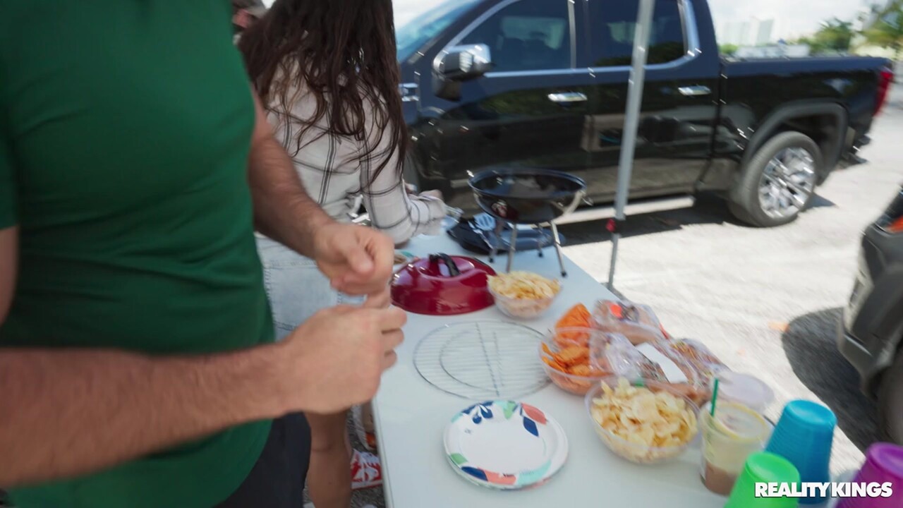 Brunette chick gets banged inside a motorhome at a tailgate party