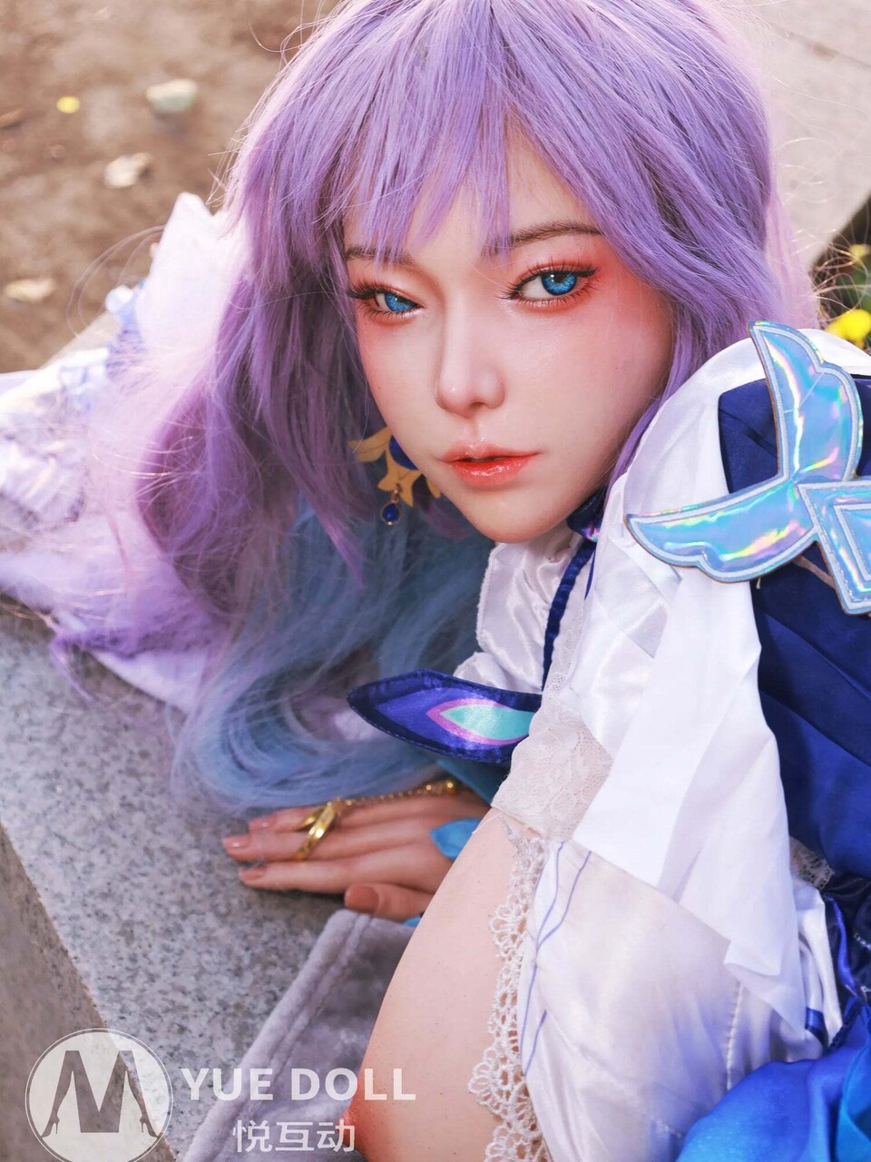 Sexy sex doll in cosplay outfit exposes her big boobs and hairy pussy