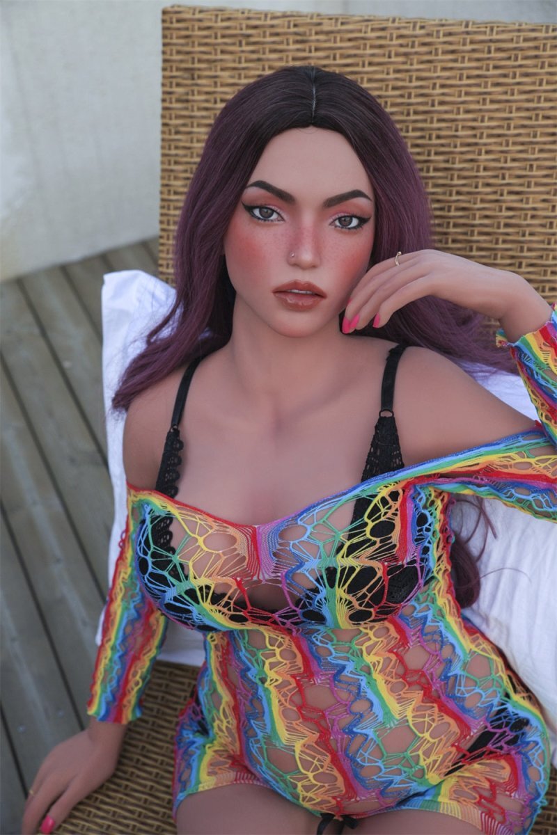 Hot sex doll with striking facial features and long hair in sheer lingerie