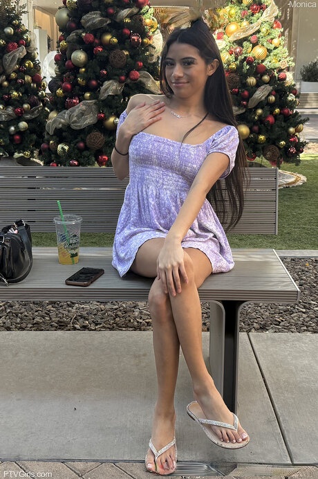 Brunette amateur Monica exposes her small tits and pussy in public
