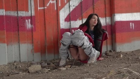 Mini Mitzi squats to pee against a support structure under a highway overpass