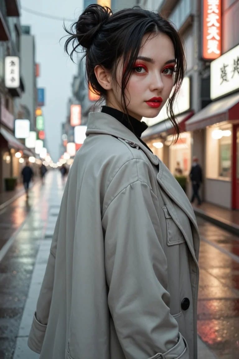 Busty anime girl with red lips flashes her boobs in the rain