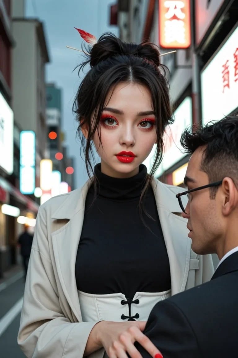 Hot girl with red lips removes a corset in a public space during the day